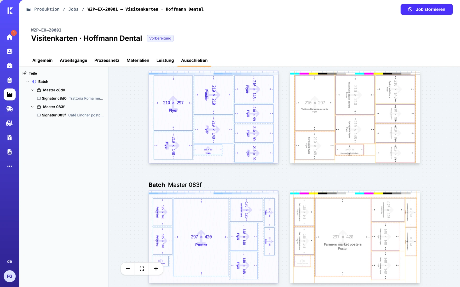 Imposition view with multiple print products arranged on shared gang forms.