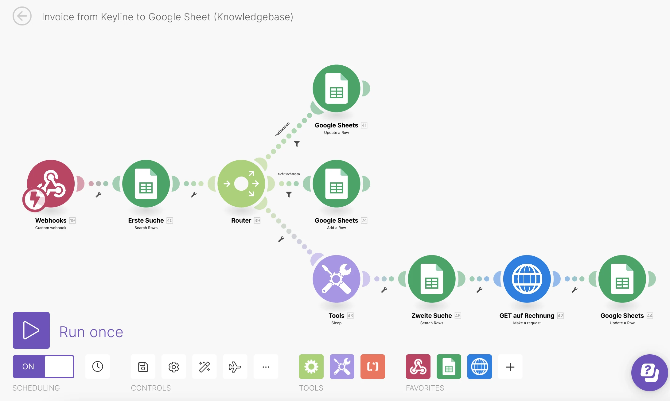 Make-Workflow mit Webhook aus Keyline, Suche und Verzweigung zum Anlegen oder Aktualisieren von Rechnungsdaten in Google Sheets.